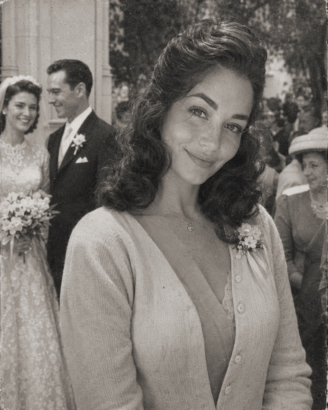 A black and white visual interpretation of Aimee attending a 1950s wedding