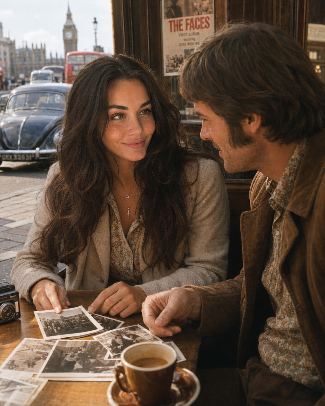 A visual interpretation of Aimee speaking with a man in a London café in the 1970s